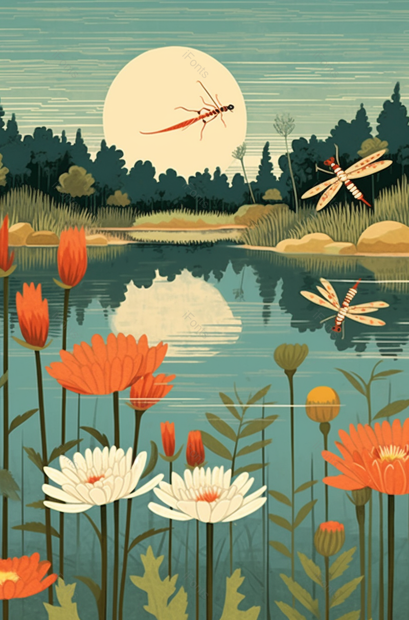 池塘里盛开的花朵蝴蝶飞过创意插画,插画/手绘图,插画/手绘图库,插画/手绘图下载,插画/手绘